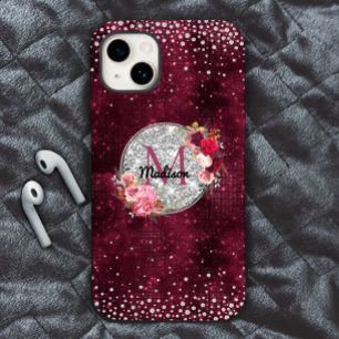 Stilvolles falsches Silber-Glitter-Burgunder-Blume Case-Mate iPhone 14 Hülle