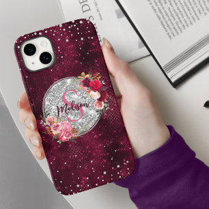 Stilvolles falsches Silber-Glitter-Burgunder-Blume Case-Mate iPhone Hülle