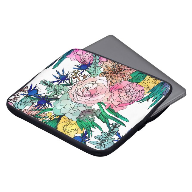 Stilvolles farbenfrohes, florales Muster Laptopschutzhülle (Vorne Oben)