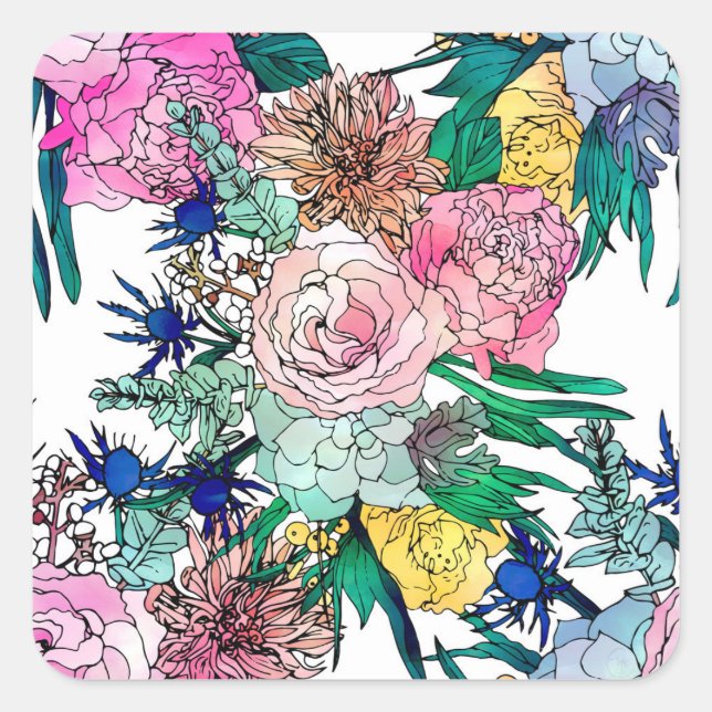 Stilvolles farbenfrohes, florales Muster Quadratischer Aufkleber (Vorderseite)