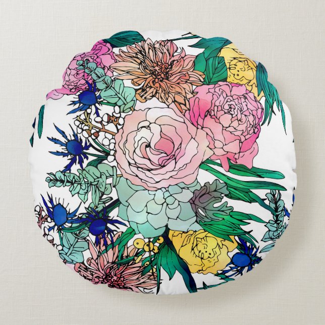 Stilvolles farbenfrohes, florales Muster Rundes Kissen (Vorderseite)