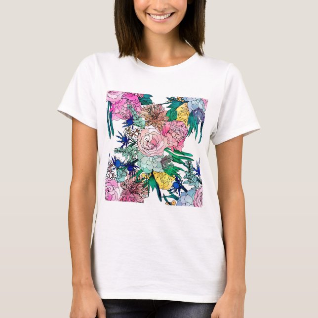 Stilvolles farbenfrohes, florales Muster T-Shirt (Vorderseite)