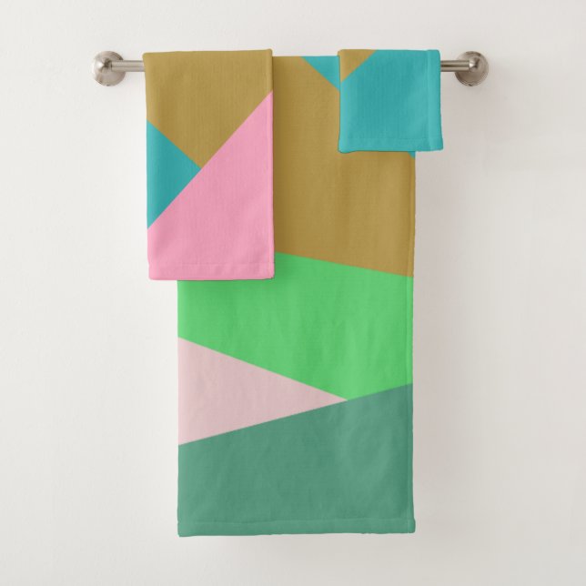 Stilvolles, farbiges rosa und grün geometrisches M Badhandtuch Set (Insitu)