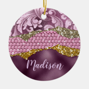 Stilvolles, florales, glitzerndes, lila, rosa, gol keramik ornament