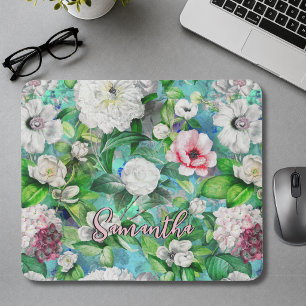 Stilvolles florales rosa Blumen blaues Monogramm-M Mousepad