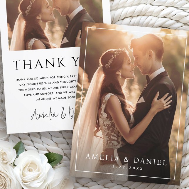 Stilvolles Foto Dankeskarte (Elegant classic wedding photo date thank you card)
