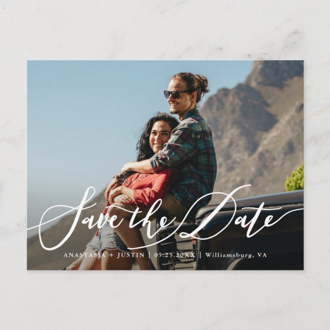 Stilvolles Foto mit Handschrift Save the Date Ankündigungspostkarte (Vorderseite)