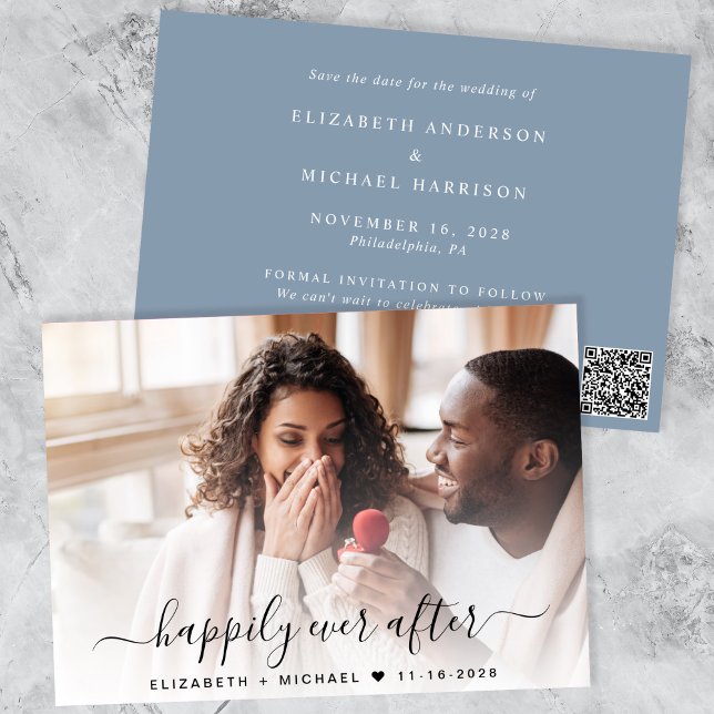 Stilvolles Foto QR Code Dusty Blue Wedding Save The Date (Von Creator hochgeladen)