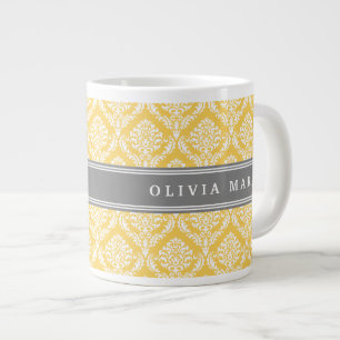 Stilvolles gelbes Damasketmuster mit grauem Namen Jumbo-Tasse