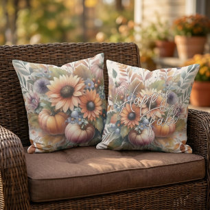 Stilvolles glückliches Herbst-Kürbis-Blumenstrauß- Kissen