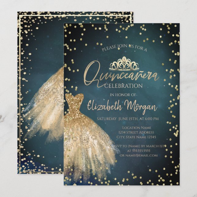 Stilvolles Gold Dress Tiara, Diamonds Quinceañera Einladung (Vorne/Hinten)