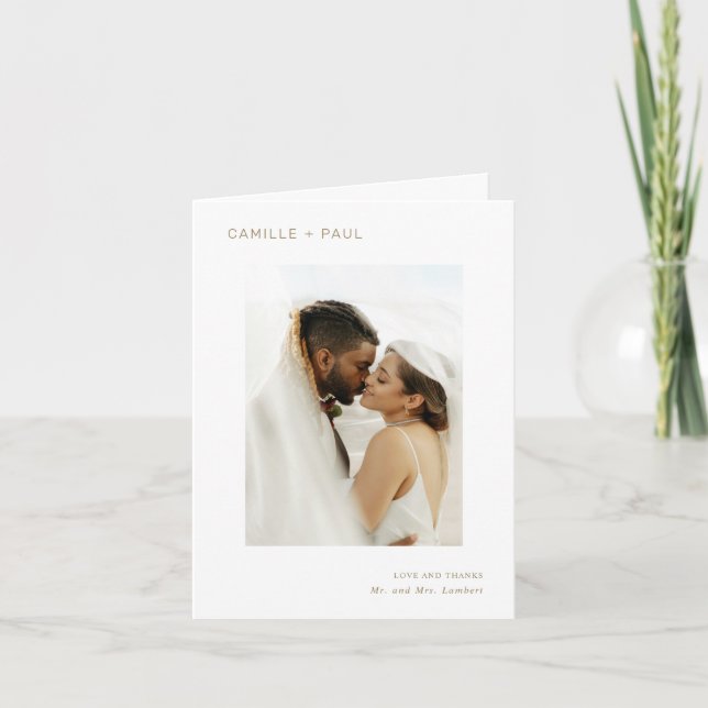 Stilvolles Gold Foto Minimalistisch Wedding Dankeskarte (Vorderseite)