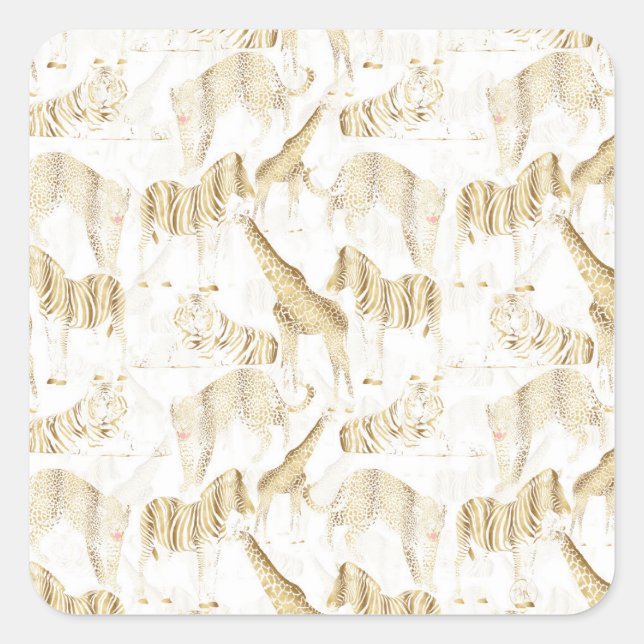Stilvolles Gold Jungle Wild Animals Muster Quadratischer Aufkleber (Vorderseite)