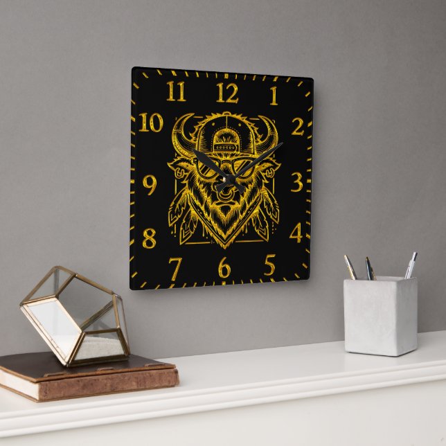 Stilvolles Goldenes Bison mit Sonnenbrille und Hut Quadratische Wanduhr (Büro)