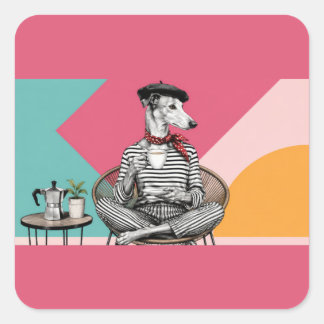 Stilvolles Grauhund-Kaffee-Pop-Art-Porträt Quadratischer Aufkleber