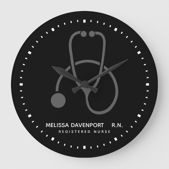 Stilvolles Gray Stethoscope auf der Black Nurse Große Wanduhr (Vorderseite)