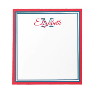 Stilvolles Helles Rot und Marineblau Monogramm Notizblock