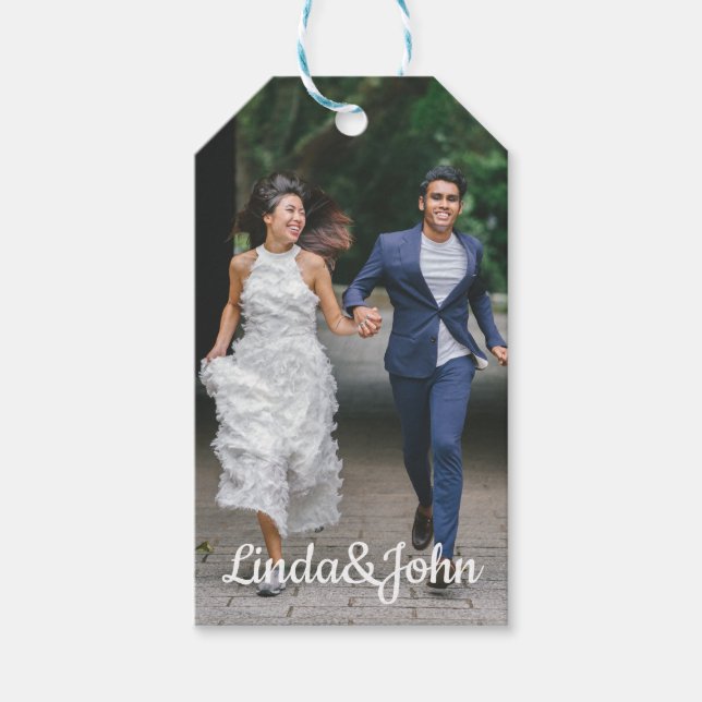 stilvolles Hochzeitsskript, klassisches Foto, Geschenkanhänger (Vorderseite)