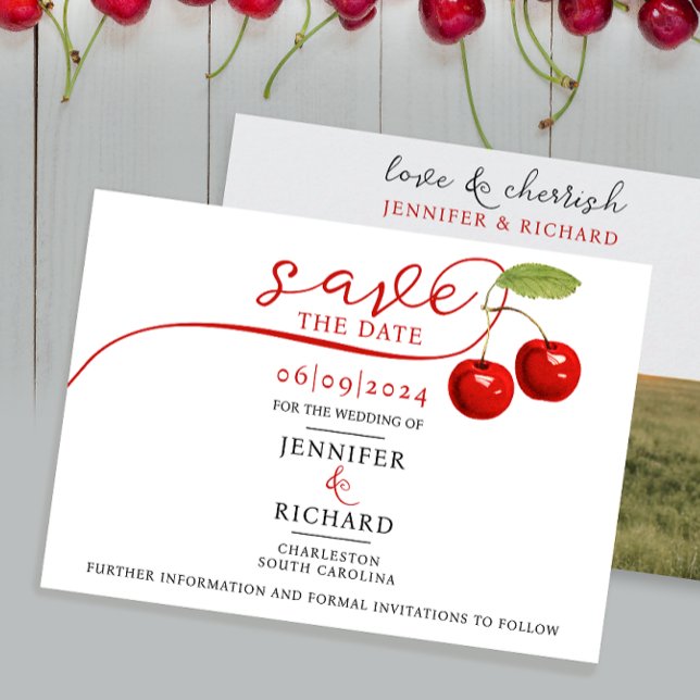Stilvolles Hübsches Cherry Red White Wedding Foto  Save The Date (Von Creator hochgeladen)