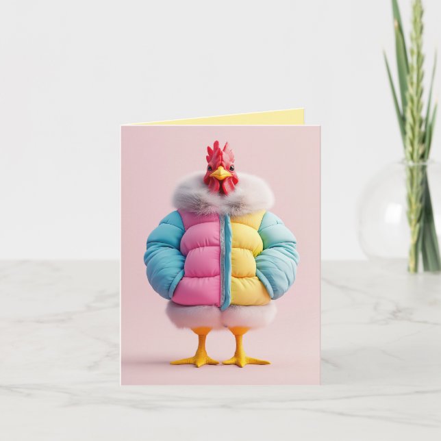 Stilvolles Huhn in farbenfroher Winterpuffer Jacke Einladung (Vorderseite)