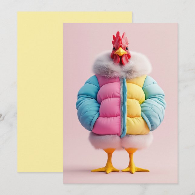Stilvolles Huhn in farbenfroher Winterpuffer Jacke Einladung (Vorne/Hinten)