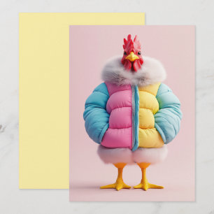 Stilvolles Huhn in farbenfroher Winterpuffer Jacke Einladung