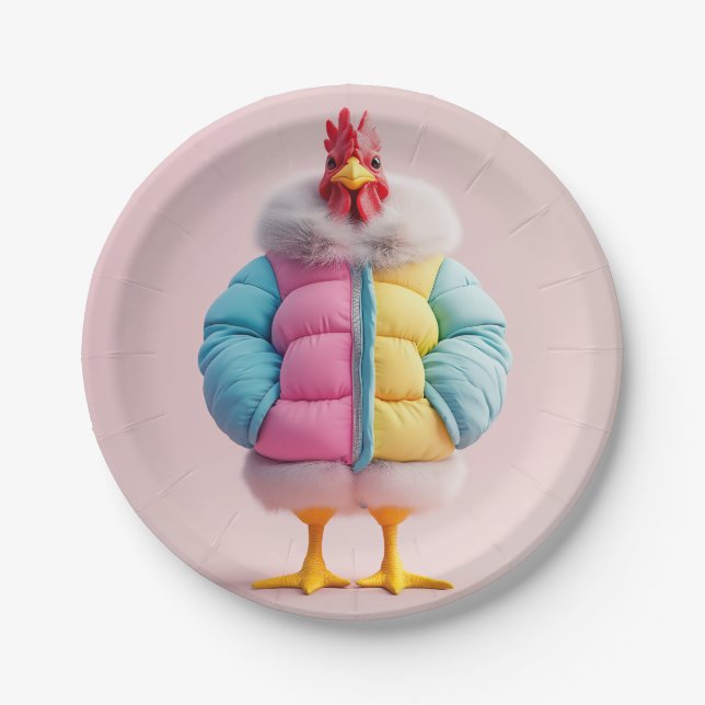 Stilvolles Huhn in farbenfroher Winterpuffer Jacke Pappteller (Vorderseite)