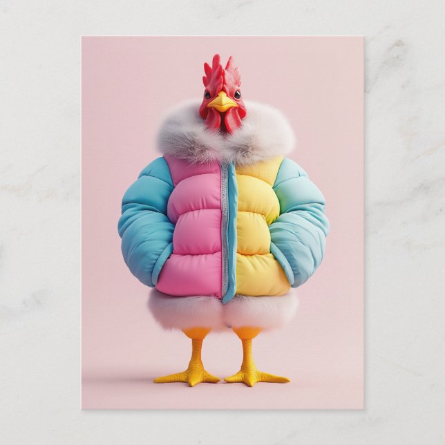 Stilvolles Huhn in farbenfroher Winterpuffer Jacke Postkarte (Vorderseite)