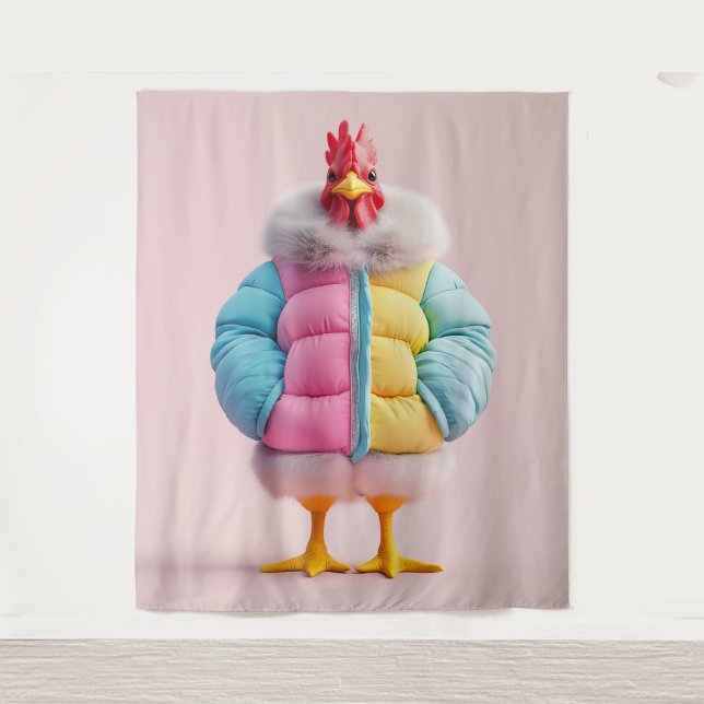 Stilvolles Huhn in farbenfroher Winterpuffer Jacke Wandteppich (Vorderseite)