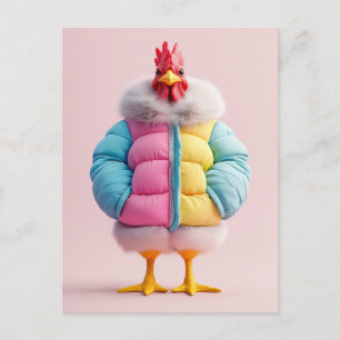 Stilvolles Huhn in farbenfroter Winter-Pufferjacke Postkarte