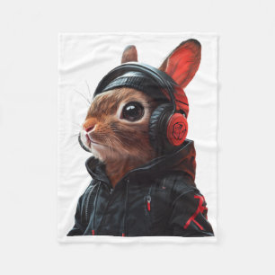 Stilvolles Kaninchen in schwarzen Hoodie und Kopfh Fleecedecke