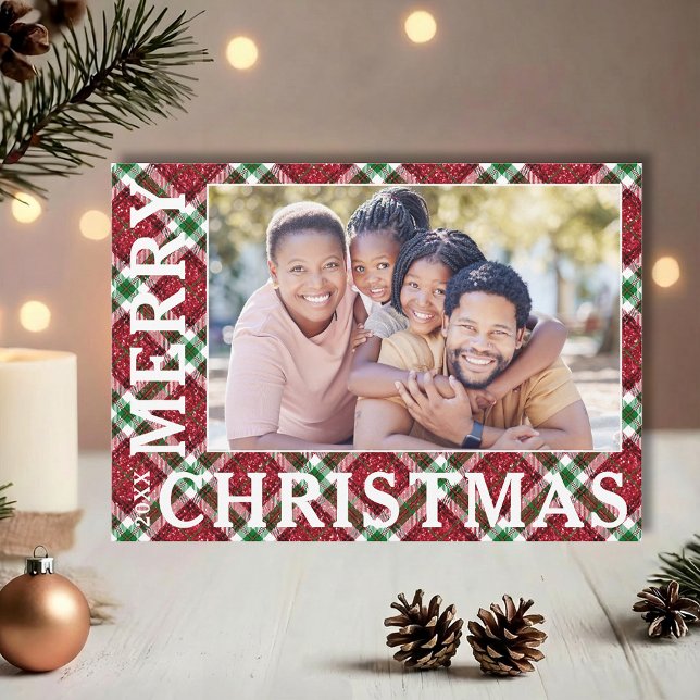 Stilvolles Kariertes Foto Feiertagskarte (Stylish Merry Christmas in white on plaid photo holiday cards, PRINTED and/or INSTANT DOWNLOAD)
