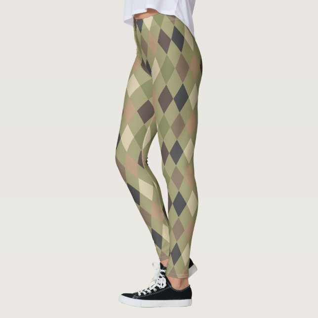 Stilvolles Khaki Green und Brown Diamond-Muster Leggings (Links)