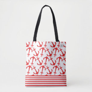 Stilvolles Küstenrot-Anker-Muster-Monogramm Tasche
