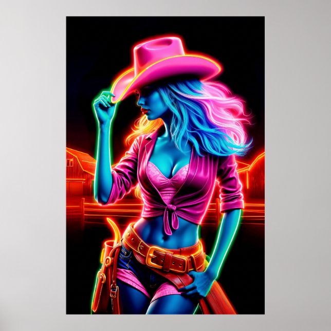 Stilvolles, lebendiges Cowgirl mit Retro-Neonbeleu Poster (Vorne)