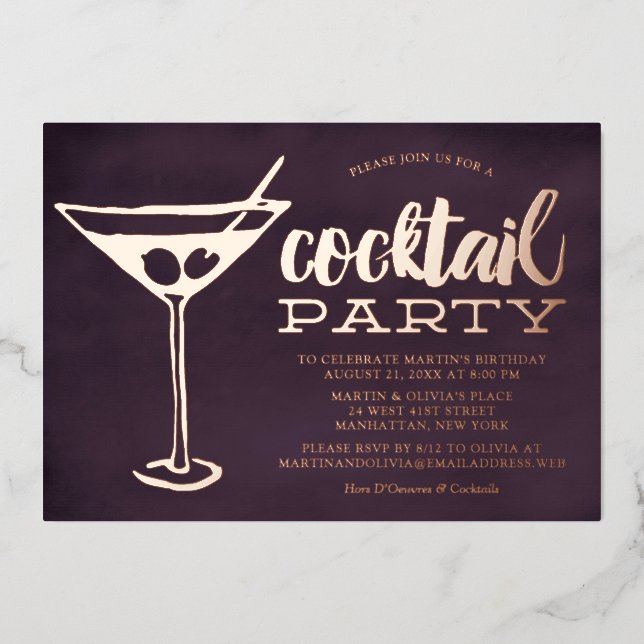 Stilvolles Lila Martini-Glass-Cocktail-Party Folieneinladung (Vorderseite)
