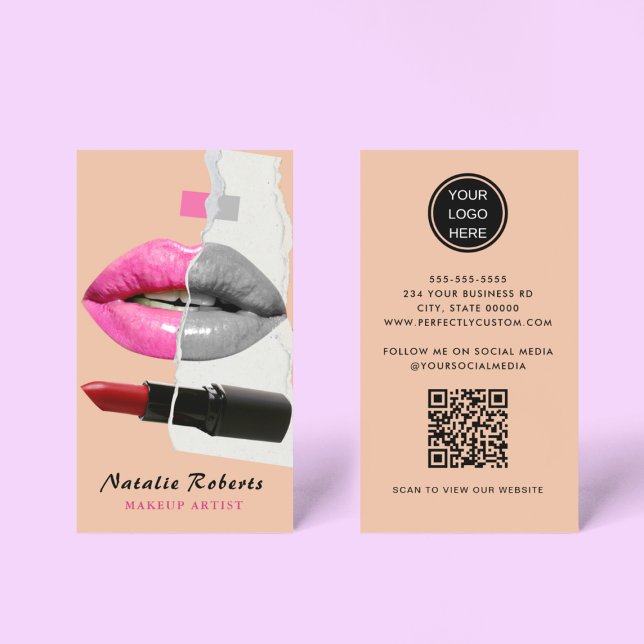 Stilvolles Makeup Artist Collage Foto Lip Pink Ros Visitenkarte (Von Creator hochgeladen)
