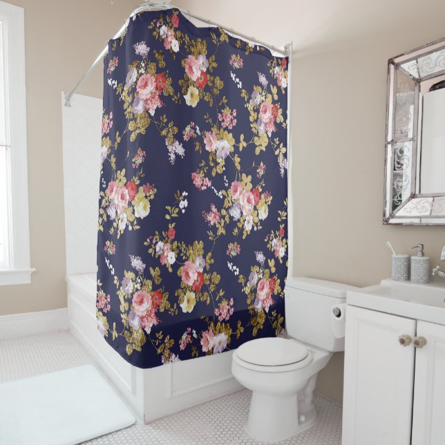 Stilvolles Marineblau-Rosagoldboho mit Blumen Duschvorhang (Beispiel)