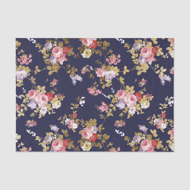 Stilvolles Marineblau-Rosagoldboho mit Blumen Seidenpapier (Vorderseite)