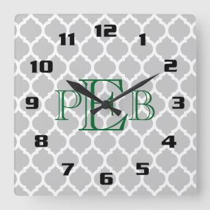 Stilvolles marokkanisches Vierpass-Muster-Monogram Quadratische Wanduhr