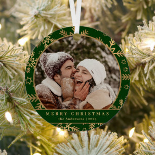 Stilvolles Minimal Green Gold Weihnachtscouple Fot Ornament Aus Metall