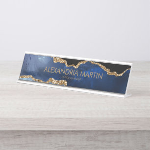 Stilvolles modernes Navyblau-Gold-Glitter-Büro Schreibtischnamensplakette
