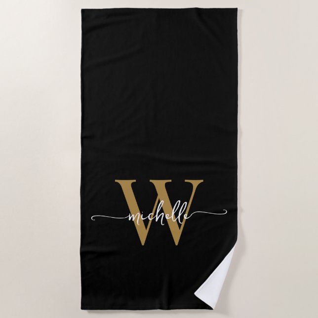 Stilvolles modernes schwarzes Gold-Monogramm-Name- Strandtuch (Vorderseite)