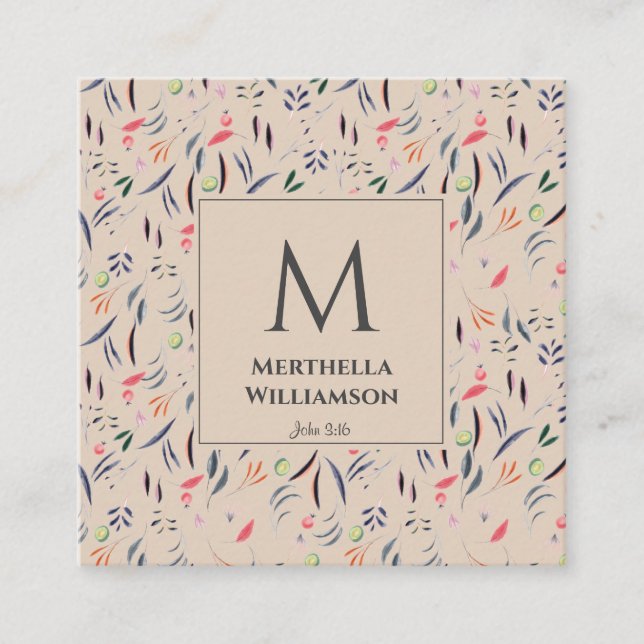 Stilvolles MONOGRAM Beige Floral Quadratische Visitenkarte (Vorderseite)