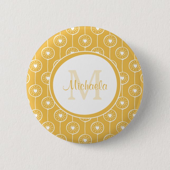 Stilvolles Monogramm aus Gelb und Weiß mit Namen Button (Vorderseite)