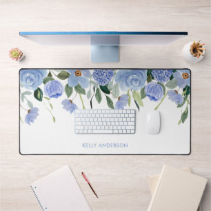 Stilvolles Monogramm Blaue florale Wasserfarben-Ra Schreibtischunterlage