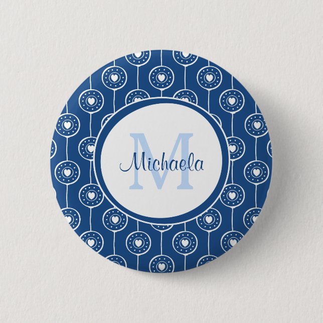 Stilvolles Monogramm für blaue und weiße Herzen mi Button (Vorderseite)