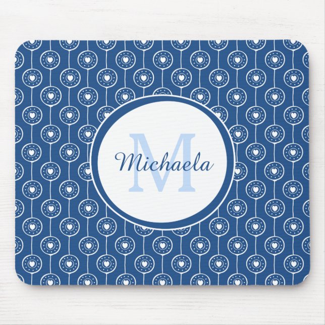 Stilvolles Monogramm für blaue und weiße Herzen mi Mousepad (Vorne)
