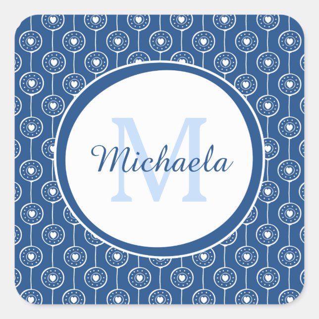 Stilvolles Monogramm für blaue und weiße Herzen mi Quadratischer Aufkleber (Vorderseite)