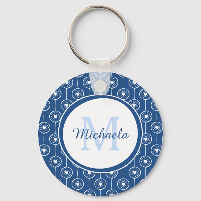 Stilvolles Monogramm für blaue und weiße Herzen mi Schlüsselanhänger (Vorderseite)